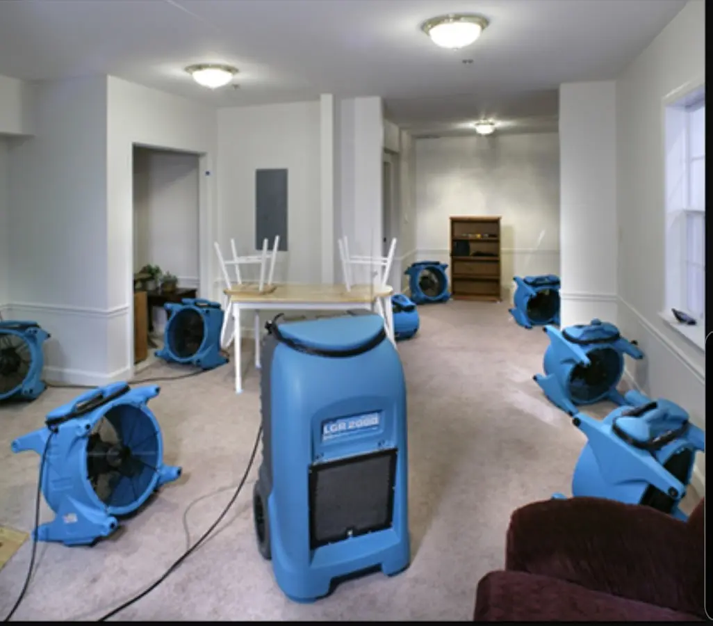 Air movers and dehumidifier setup for Water Extraction & Removal in Carver